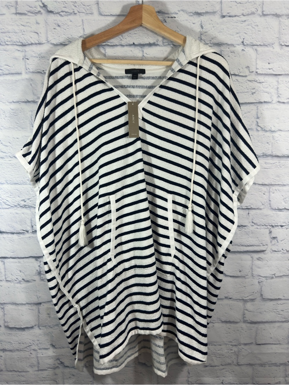 NWT J. Crew Women’s Blue White Stripe Hood Drawstring Beach Cover Up Sz XS-S